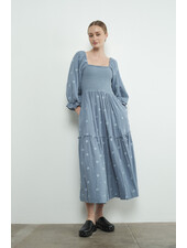 Indigo Embroidery Smocked Maxi Dress