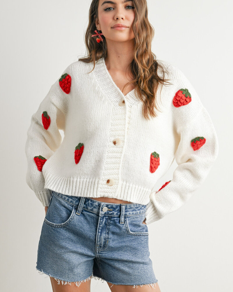 Strawberry Embroidered Cardigan | Ivory