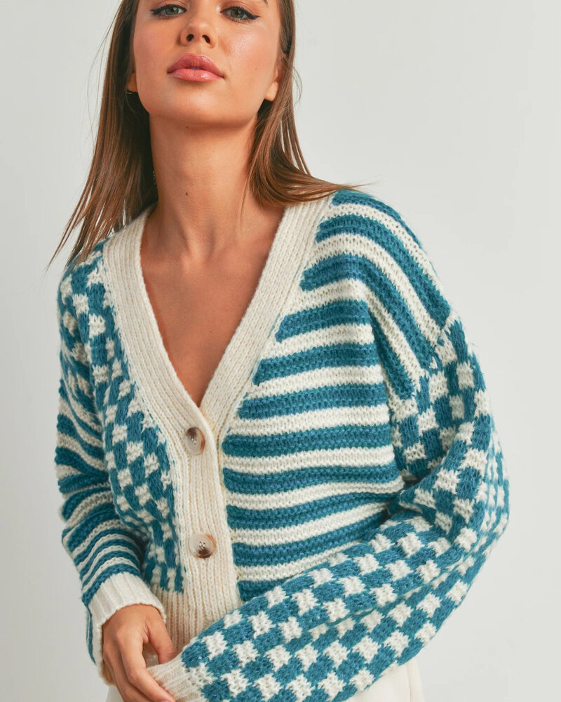 Button Down Checkered Stripe Cardigan | Teal