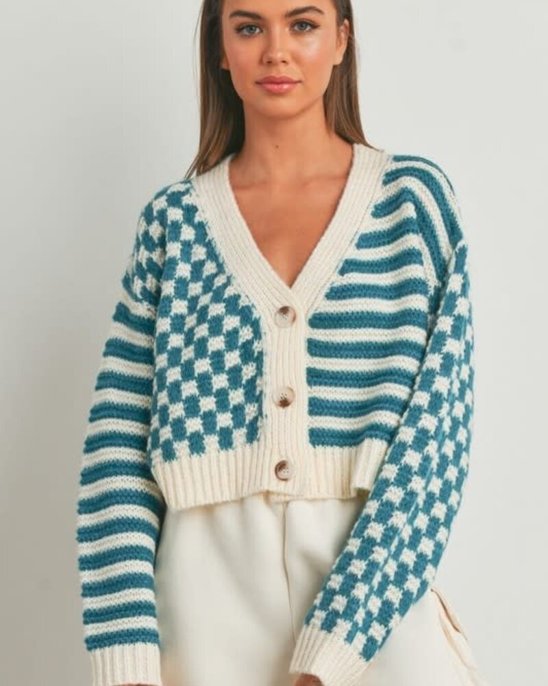 Button Down Checkered Stripe Cardigan | Teal