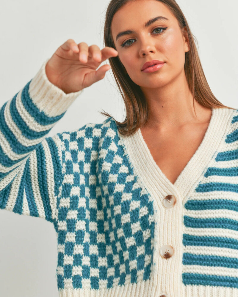 Button Down Checkered Stripe Cardigan | Teal