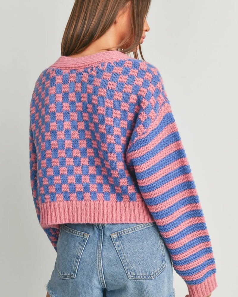 Button Down Checkered Stripe Cardigan | Pink