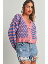 Button Down Checkered Stripe Cardigan | Pink