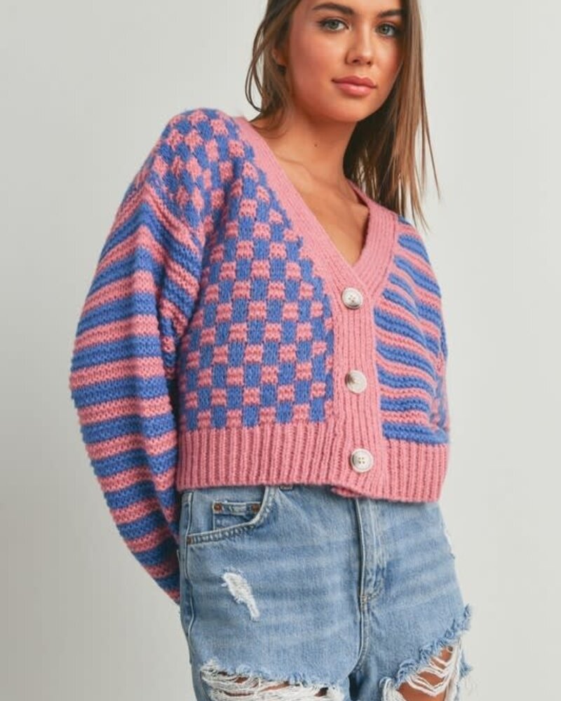 Button Down Checkered Stripe Cardigan | Pink