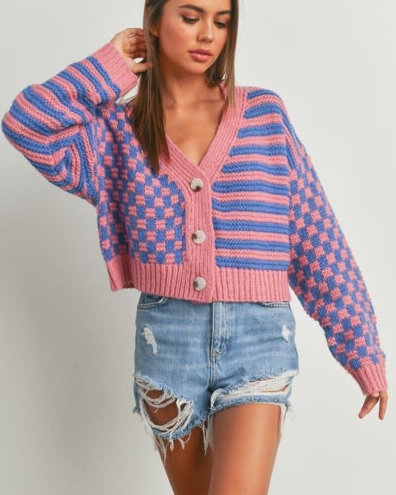 Button Down Checkered Stripe Cardigan | Pink