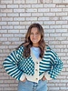 Button Down Checkered Stripe Cardigan | Teal
