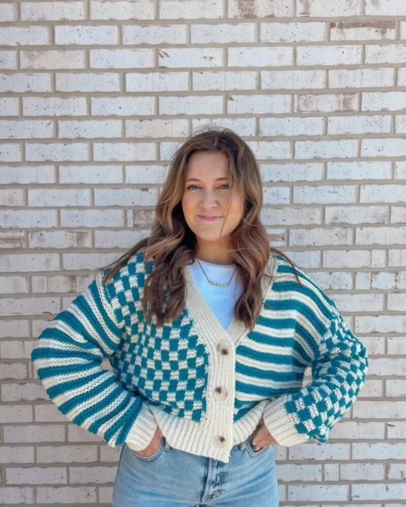 Button Down Checkered Stripe Cardigan | Teal