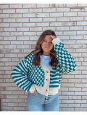 Button Down Checkered Stripe Cardigan | Teal