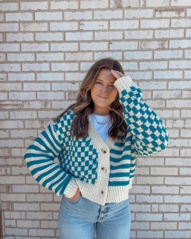 Button Down Checkered Stripe Cardigan | Teal
