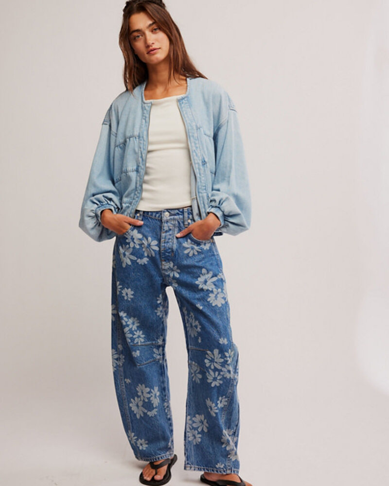 Free People Good Luck Mid-Rise Barrel Jeans | Laser Daisy