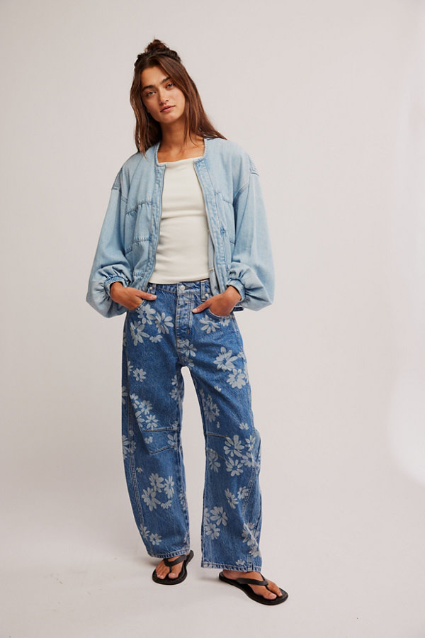Good Luck Printed Mid Rise Barrel Jeans | Laser Daisy Good Luck Printed Mid Rise Barrel Jeans | Laser Daisy