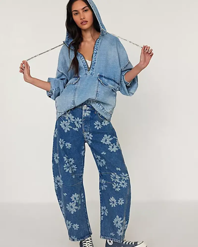 Good Luck Printed Mid Rise Barrel Jeans | Laser Daisy Good Luck Printed Mid Rise Barrel Jeans | Laser Daisy