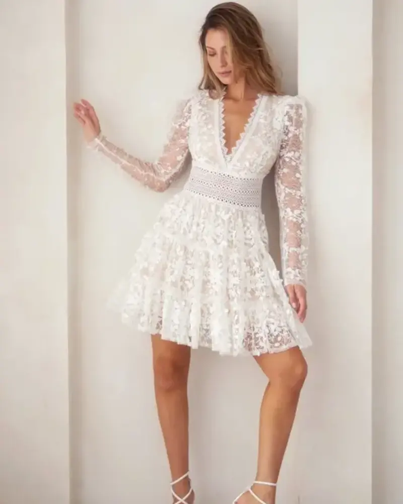 Dierdre Deep V-Neck Lace Tiered Dress