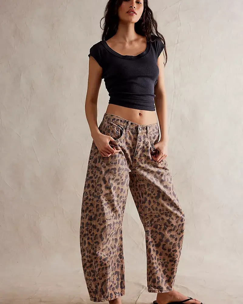 Free People Good Luck Printed Barrel Jeans | Leopard