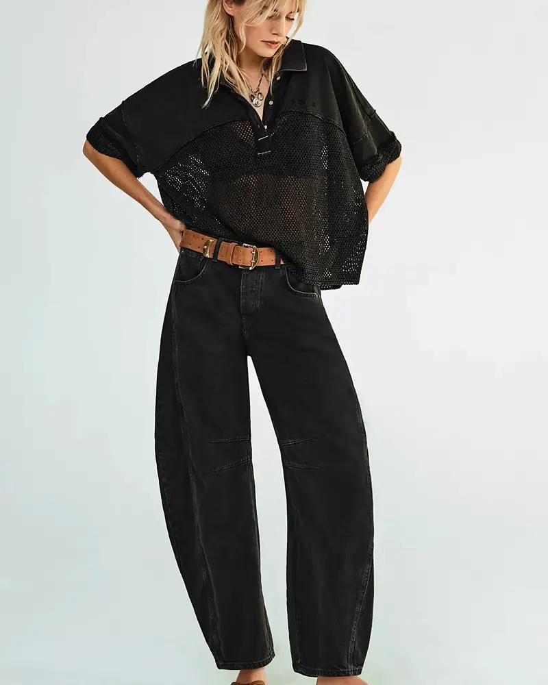 Free People Good Luck Mid-Rise Barrel Jeans | Black