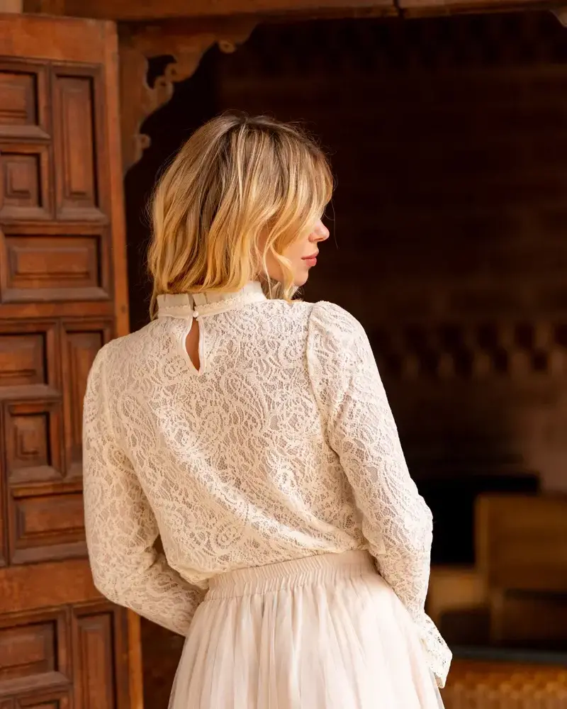 Hallie High-Neck Lace Blouse | Ecru