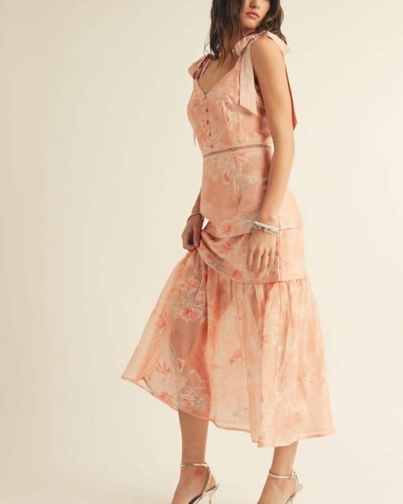 Lyra Floral Embroiderd Midi Dress | Coral