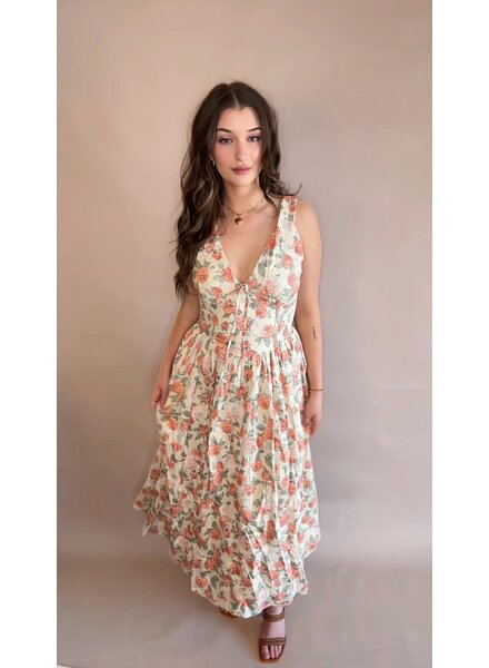 Blossom Corseted Coral Midi Dress