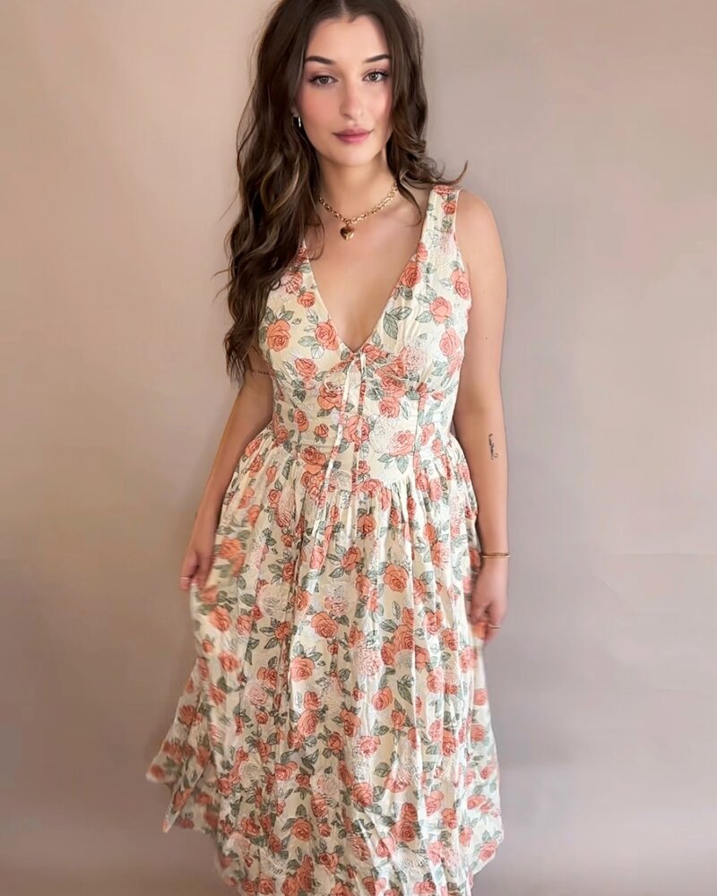 Blossom Corseted Coral Midi Dress