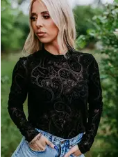 Western Long Sleeve Mesh Top | Paisley Print
