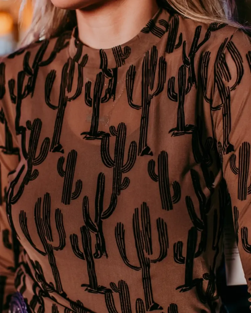 Western Long Sleeve Mesh Top | Cactus