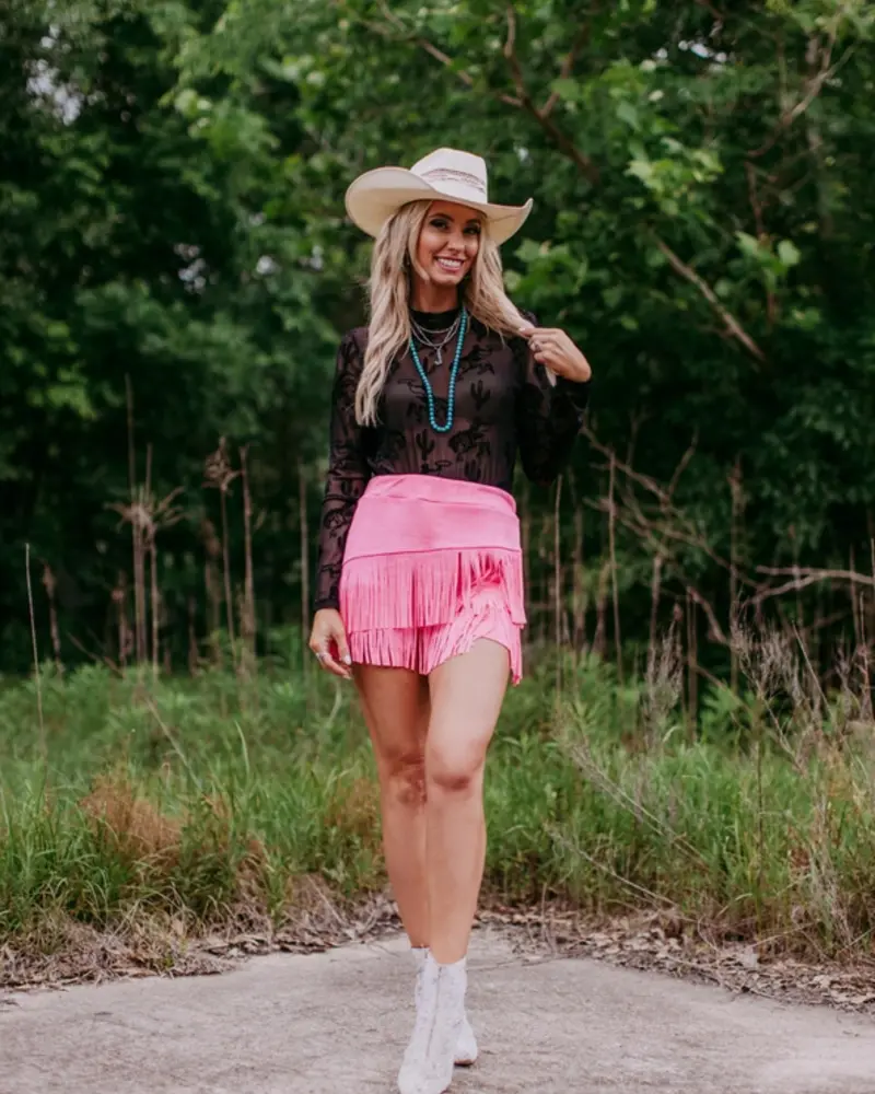 Western Long Sleeve Mesh Top | Black Cactus & Cowboys
