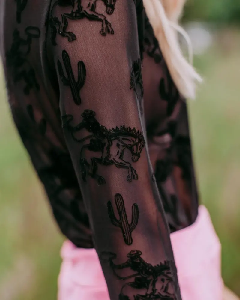 Western Long Sleeve Mesh Top | Black Cactus & Cowboys