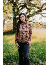 Western Long Sleeve Mesh Top | Brown Cactus & Cowboys