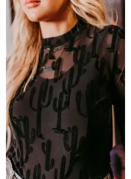 Western Long Sleeve Mesh Top | Black Cactus