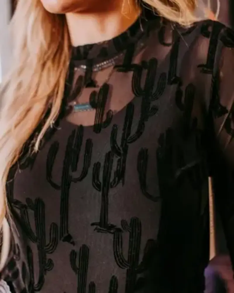 Western Long Sleeve Mesh Top | Black Cactus