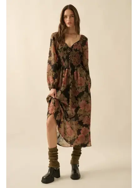 Luna Smocked Buttoned Midi Peasant Dress