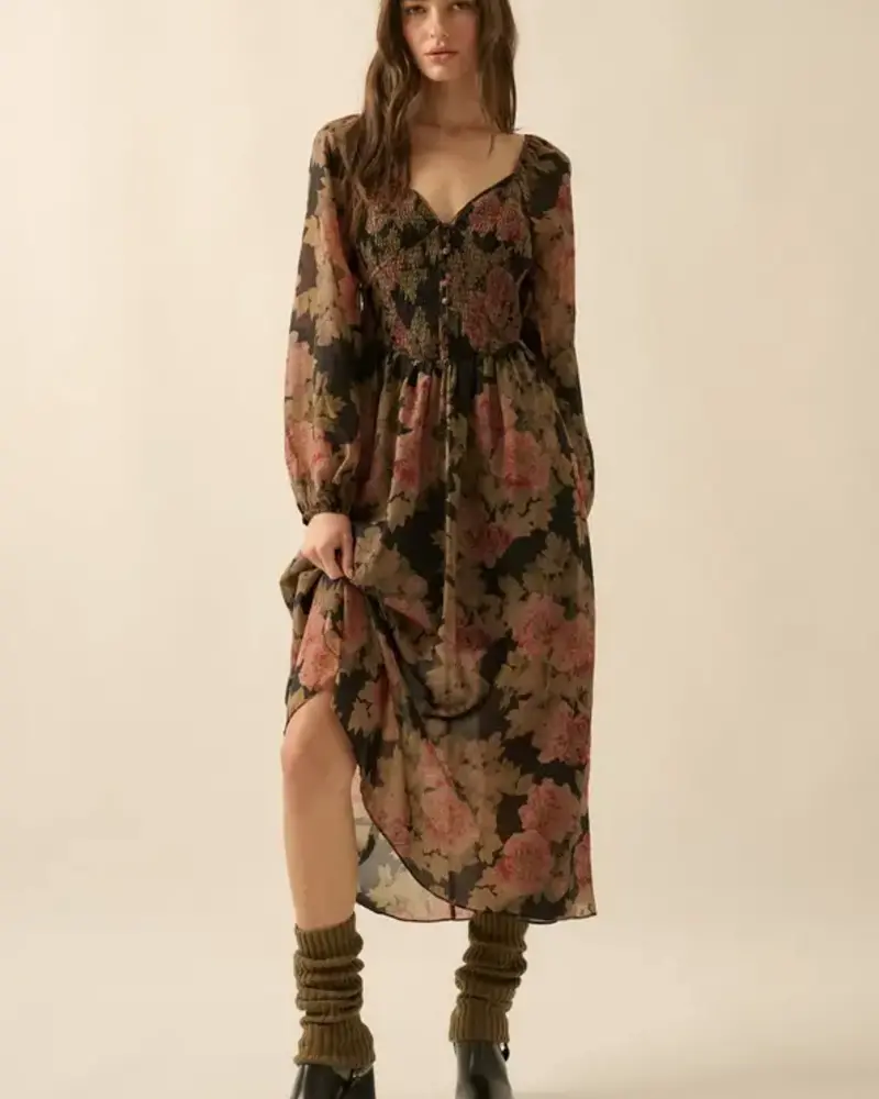 Luna Smocked Buttoned Midi Peasant Dress