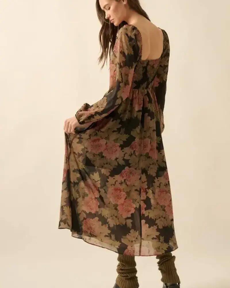 Luna Smocked Buttoned Midi Peasant Dress