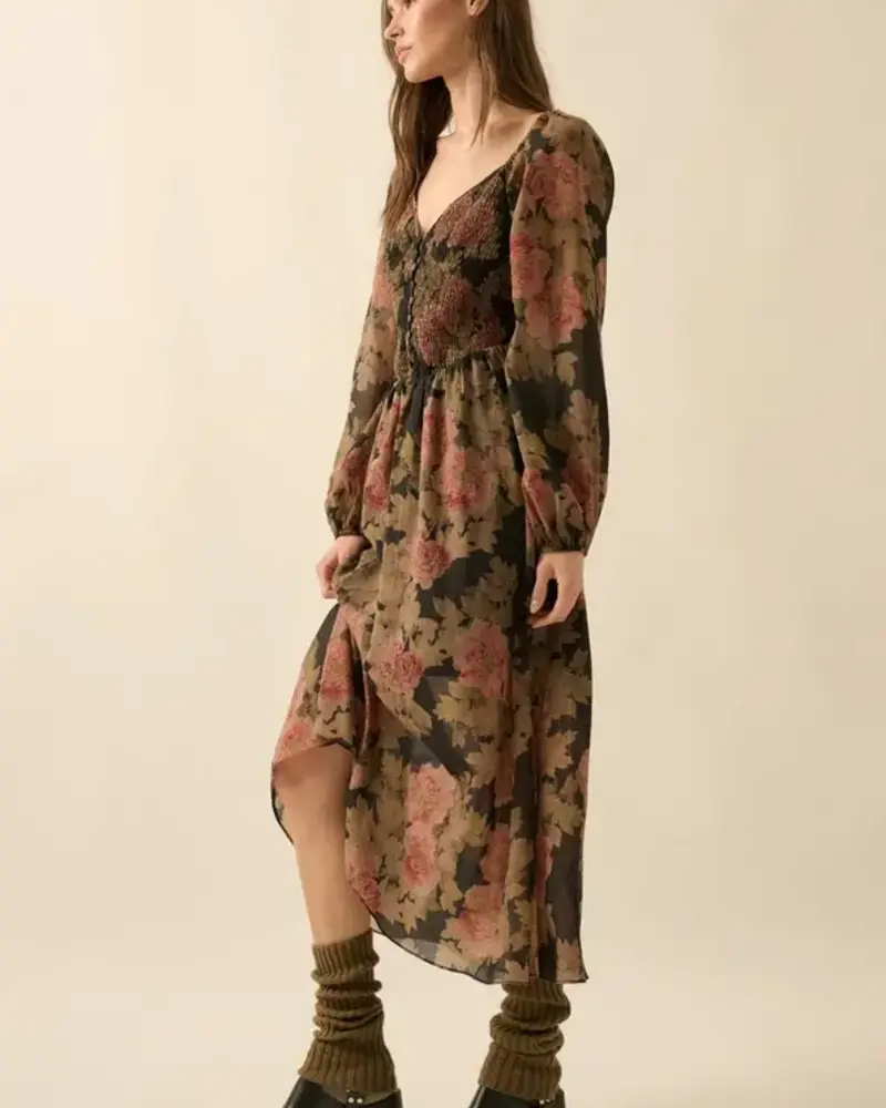Luna Smocked Buttoned Midi Peasant Dress