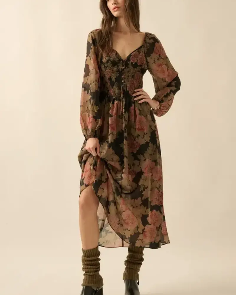 Luna Smocked Buttoned Midi Peasant Dress