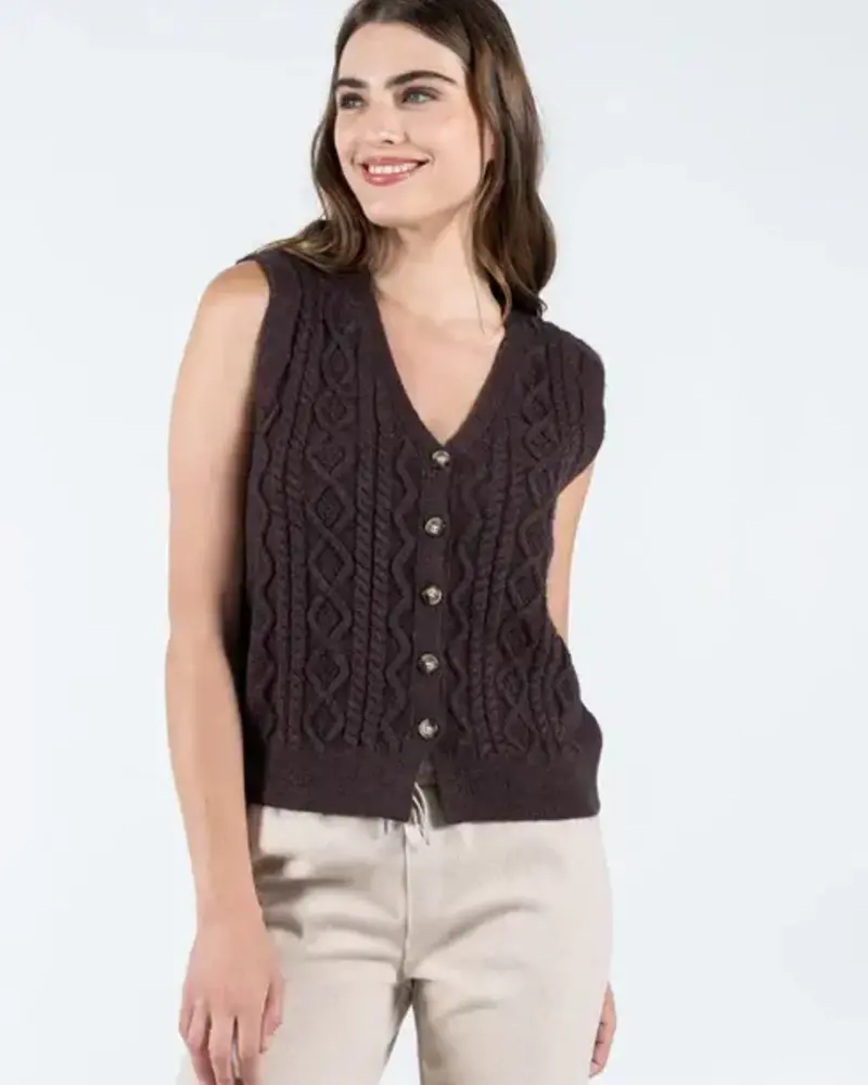 Button Down Cable Knit Vest | Coffee