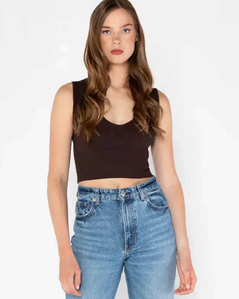 Bamboo Deep V Rib Top | Brown