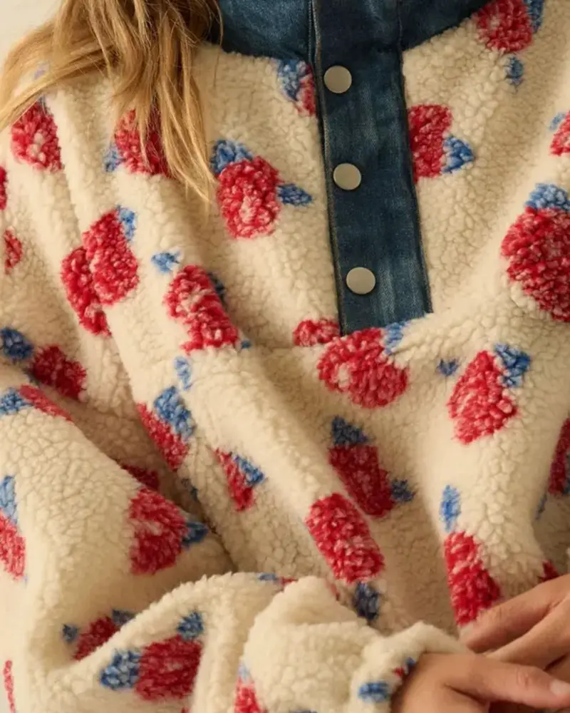Floral Fleece and Denim Half-Zip Pullover