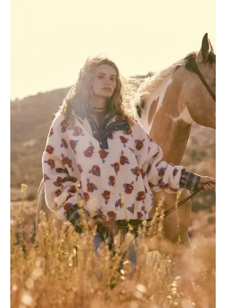 Floral Fleece and Denim Half-Zip Pullover