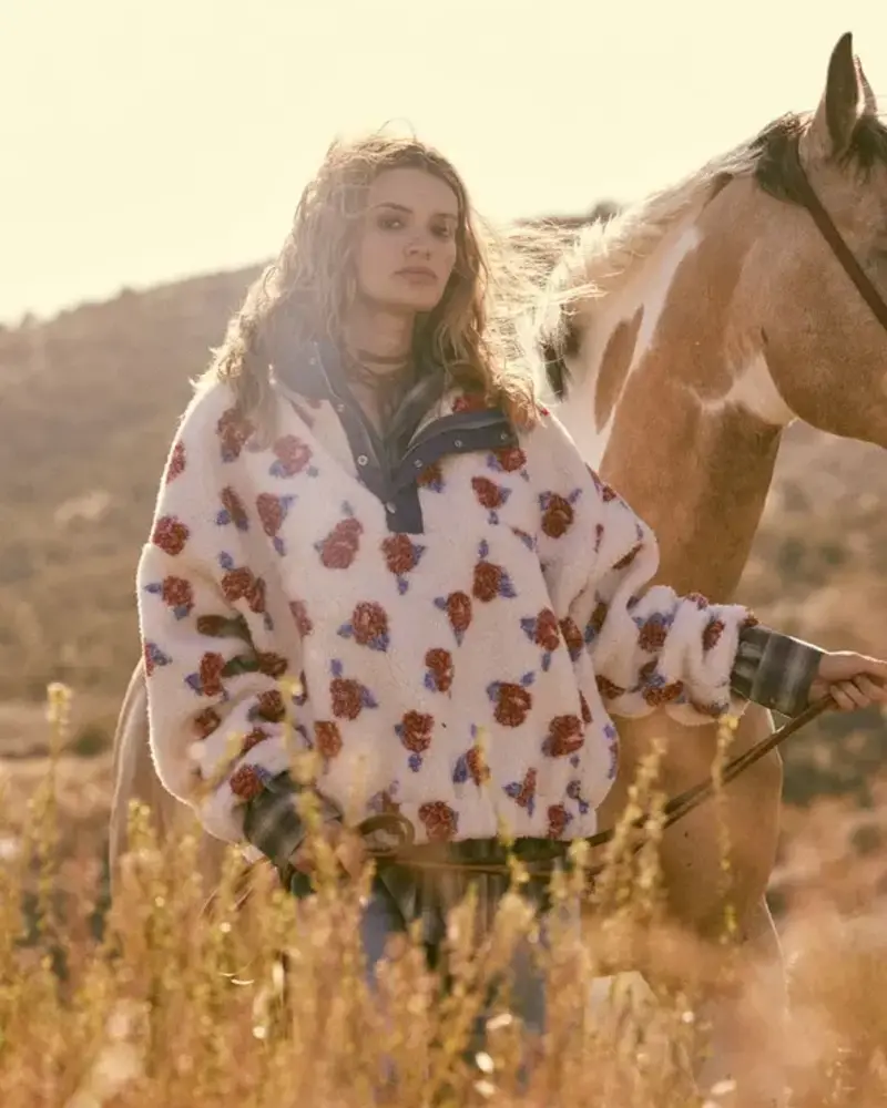 Floral Fleece and Denim Half-Zip Pullover