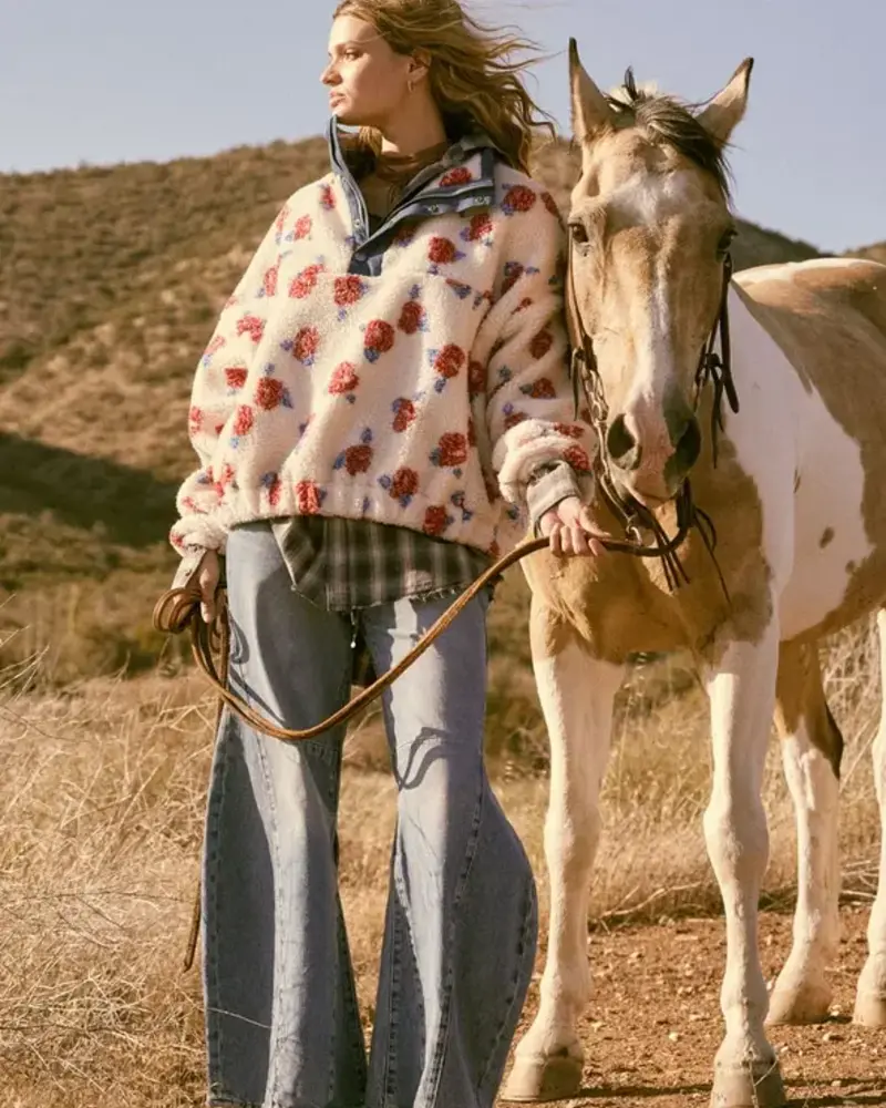 Floral Fleece and Denim Half-Zip Pullover