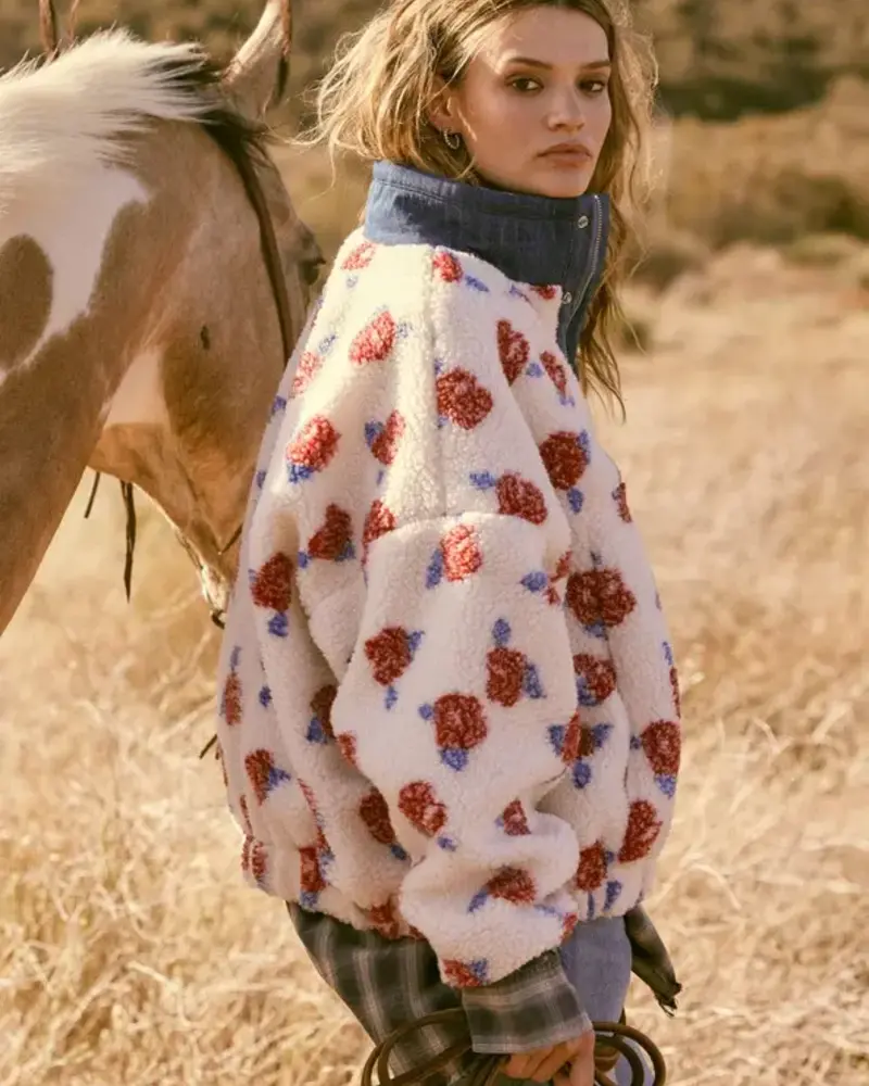 Floral Fleece and Denim Half-Zip Pullover