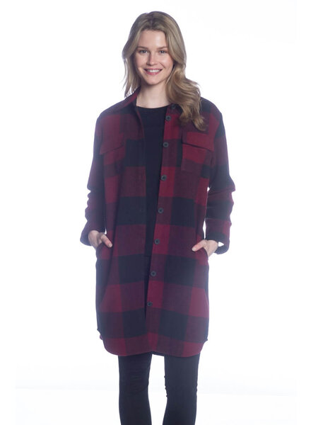 Long Buffalo Check Button Shacket | Burgundy