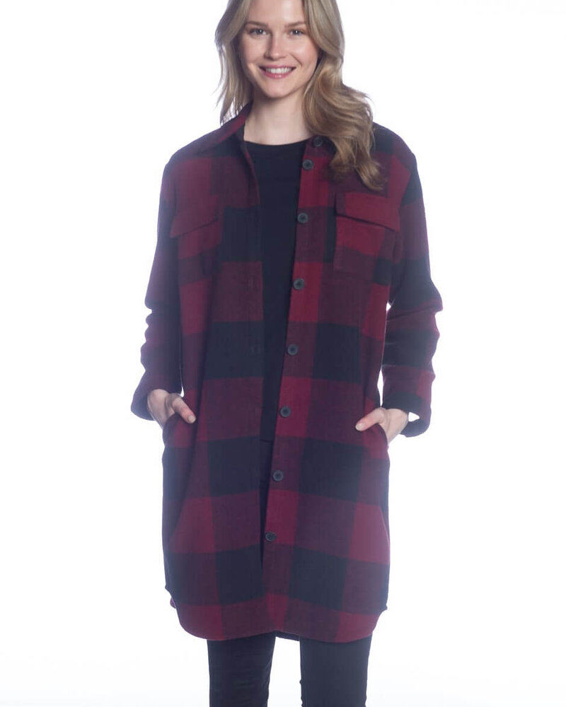 Long Buffalo Check Button Shacket | Burgundy