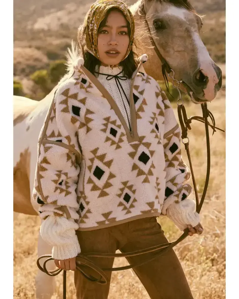 Geometric-Print Sherpa Fleece Half-Zip Pullover | Sand