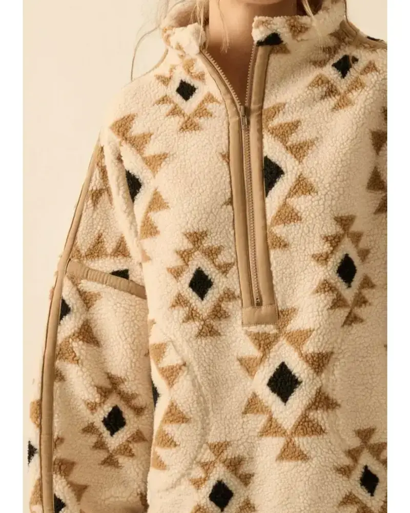 Geometric-Print Sherpa Fleece Half-Zip Pullover | Sand