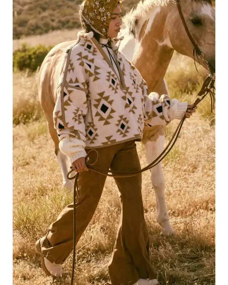 Geometric-Print Sherpa Fleece Half-Zip Pullover | Sand