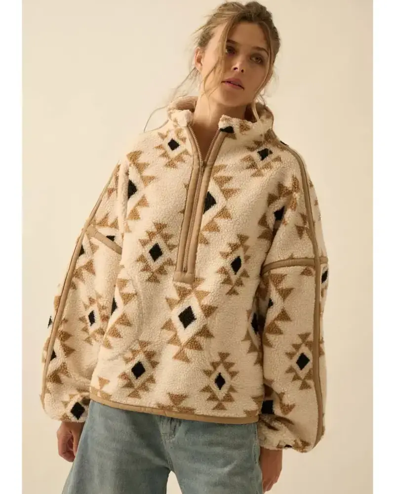 Geometric-Print Sherpa Fleece Half-Zip Pullover | Sand