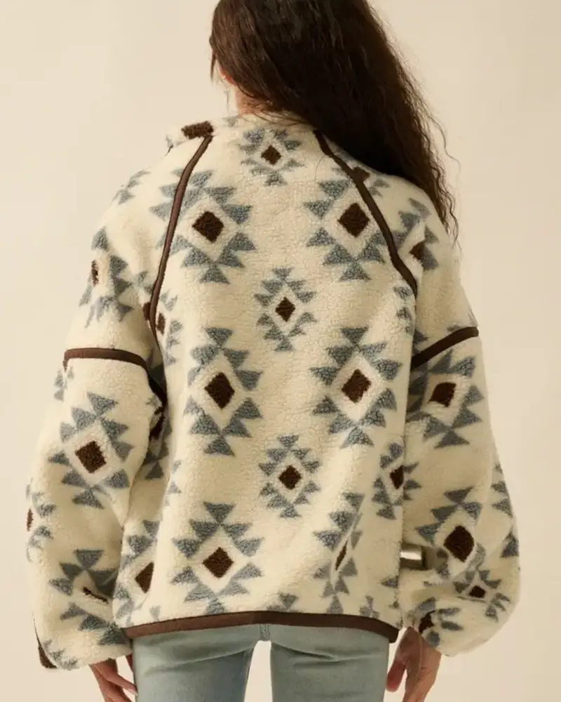Geometric-Print Sherpa Fleece Half-Zip Pullover | Blue