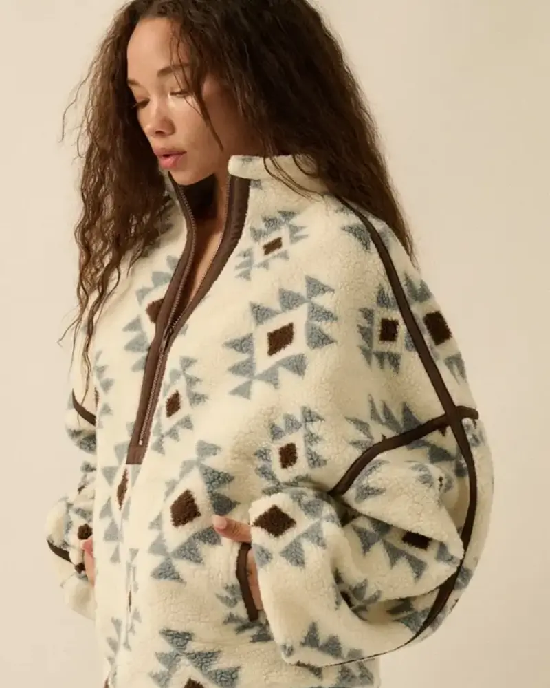 Geometric-Print Sherpa Fleece Half-Zip Pullover | Blue